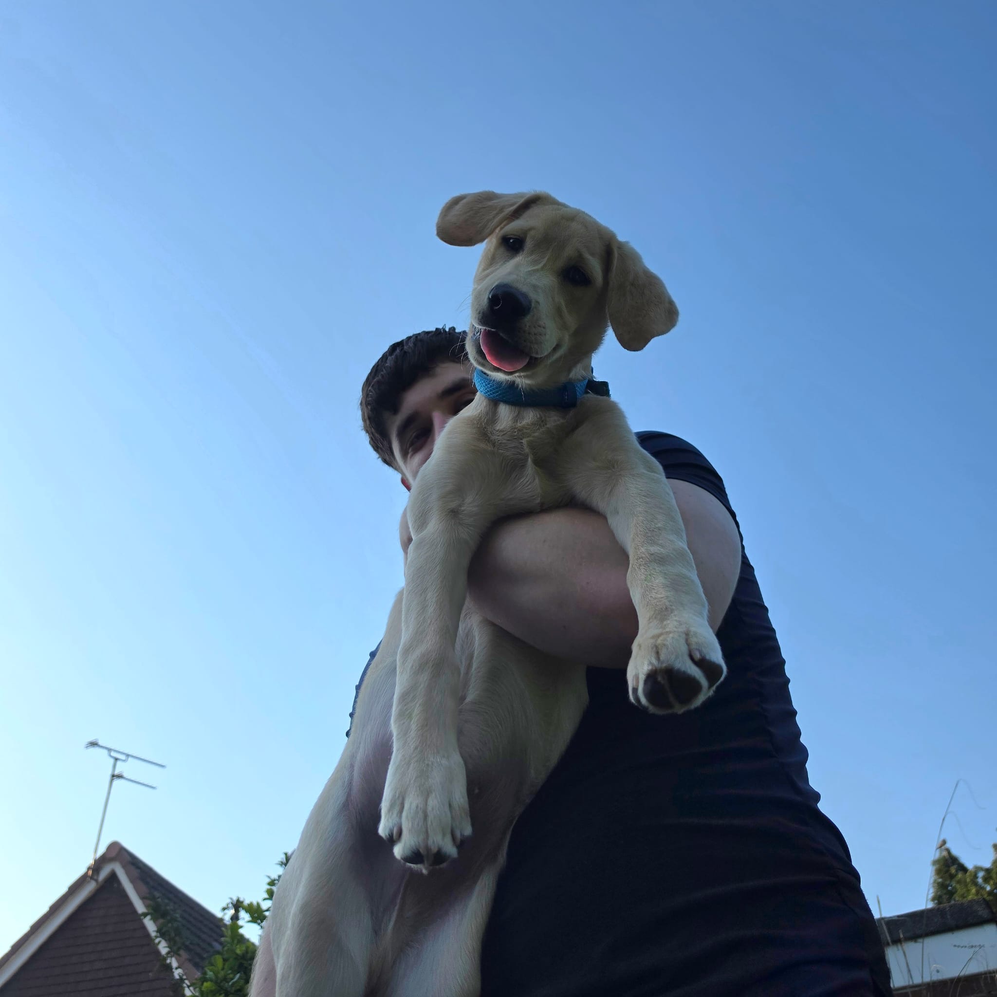 Nathan, the face behind Cowins, holding Cassian the dog